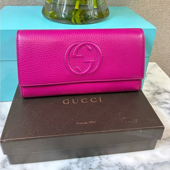 Brand New Gucci Interlocking GG Soho Cellarius Dark Pink Fuchsia Flap Wallet - Picture 1 of 11
